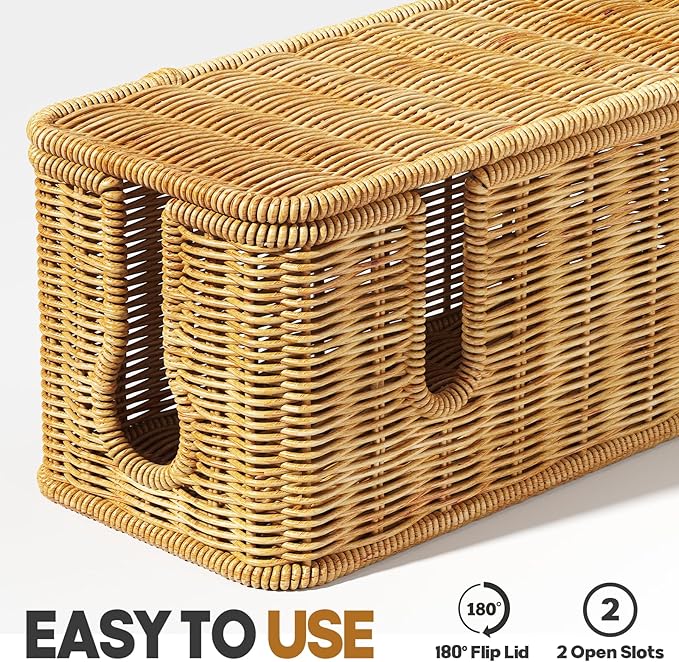 Cable Management Box,2 Open Slots Cord Organizer Hider Box with Lid,2 Pack Handwoven Imitation Rattan Cable Organizer Box for TV Wire Computer Router & Power Strip-B Style(Light Brown)