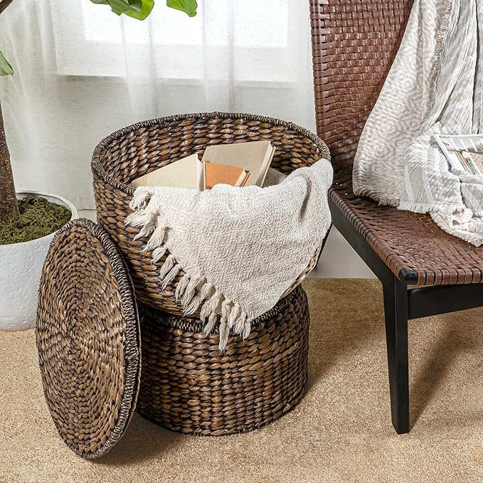happimess SAT1000B Bhola 18" Hourglass Handwoven Hyacinth Storage Accent Table with Lid for Storage and Decoration in Bedroom, Living Room, Kitchen, Dining Room, Entryway, Guestroom, Brown Wash
