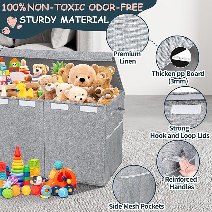 Extra Large Toy Box with Lids - Sturdy Collapsible Kids Storage Organizer Big Bin Chest Basket with Dividers for Boys Girls, Bedroom, Nursery, Living Room, Playroom Organization, 38"x16"x14", Gray