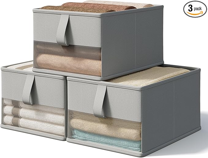 Foldable Storage Bins with Clear Window, Fabric Organizer for Closet, Shelves & Cubes - Breathable, Odor-Free Storage Boxes for Towels, Clothes, Toys, Books - 11.5 * 8.75 * 6.5in, Gray, 3-Pack-NeatNest