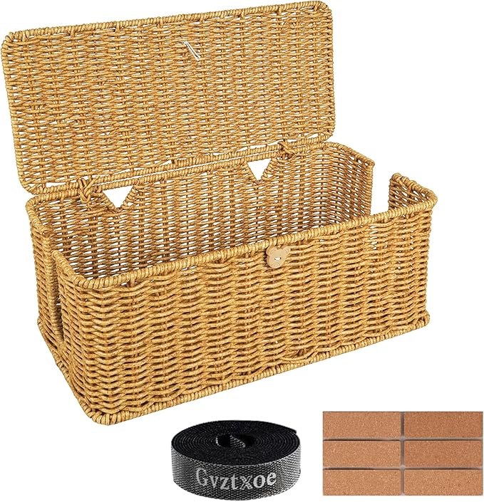 Cable Management Box, Upgrade Large Cable Organizer Box, Handmade Rattan Floor Cord Covers with 4 Open Slots, Cord Hider for Power Strips, Wires Storage