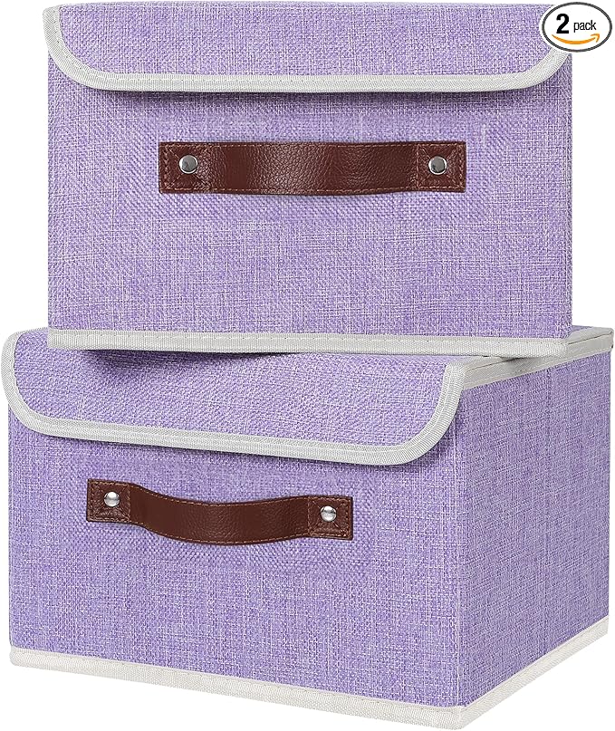 ANMINY 2PCS Storage Bins with Lid PU Leather Handles Storage Boxes PP Plastic Board Decorative Foldable Lidded Cotton Linen Fabric Home Cubes Baskets Closet Organizer Containers - Purple, Small Size-NeatNest