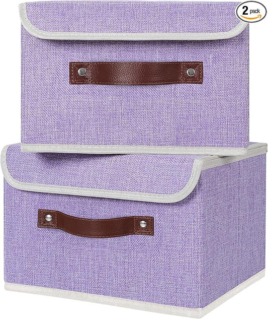 ANMINY 2PCS Storage Bins with Lid PU Leather Handles Storage Boxes PP Plastic Board Decorative Foldable Lidded Cotton Linen Fabric Home Cubes Baskets Closet Organizer Containers - Purple, Small Size-NeatNest