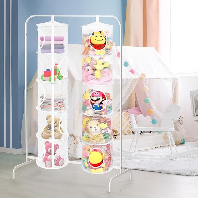 2Pcs Hanging Mesh Space Saver Bags Organizer, Foldable Stuffed Animal Storage Organizer 5 Compartments Toy Storage Organizer for Kid Room Toys, Gloves,Hats,Socks Storage, White-NeatNest