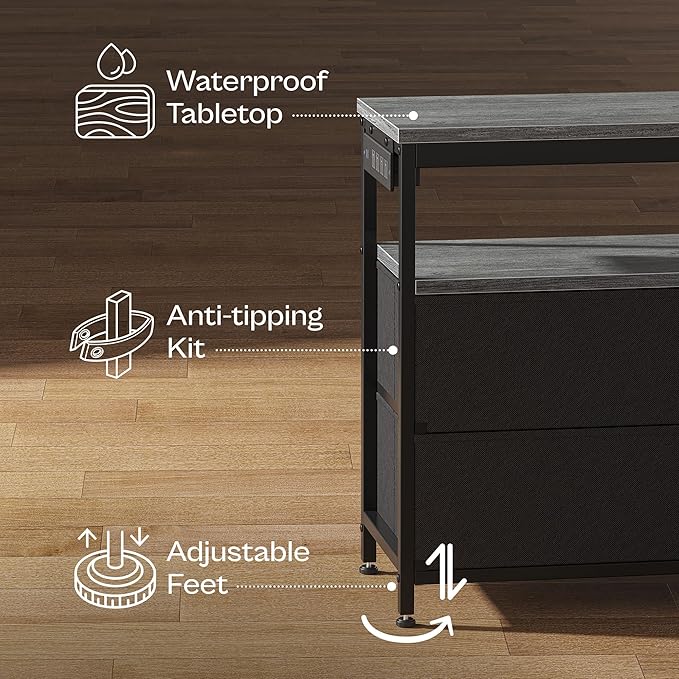 Huuger LED TV Stand for Bedroom, 55 Inch Fabric Dresser with Power Outlets, Entertainment Center for 60, 55, 50 Inch TV, 6 Drawer Dresser for Bedroom, Chest of Drawers with Shlef, PU Leather, Grey-NeatNest
