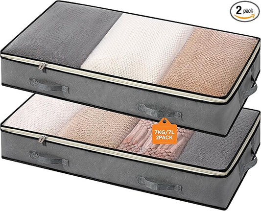 storageLAB Under Bed Storage Containers - Foldable Closet Organizer with Clear Top, Sturdy Handles - 7L Capacity Storage Box for Clothing, Comforter, Blanket, and Shoe - 2 Pack, Soft-Sided, Gray-NeatNest