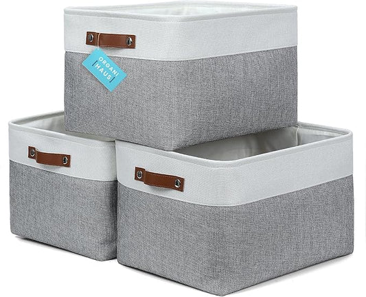 OrganiHaus Extra Large Fabric Storage Baskets for Shelves 3 Pack | 16x13in Closet Storage Bins for Shelves | Cloth Baskets for Organizing | Linen Closet Organizers | Fabric Storage Bin - Gray/White-NeatNest