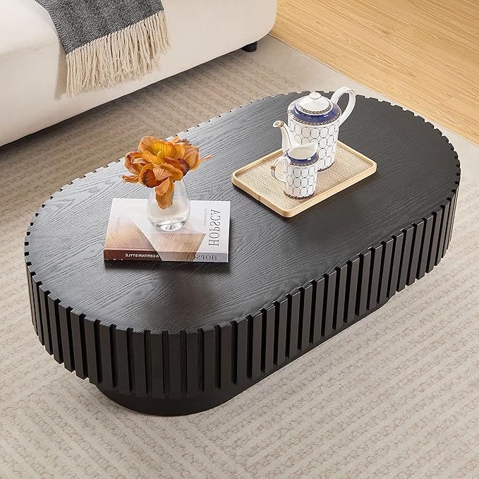 KEVINSPACE Oval Coffee Table 43.7" Wood CoffeeTable for Living Room Drum ModernCoffeeTable TeaTable Wooden Coffee Tables PedestalCoffeeTable Home Furniture Office Apartment Black