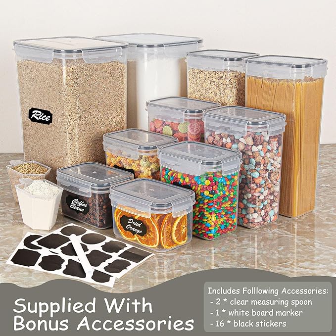 [10PC] (9.5L+2.8L+2.0L+1.4L+0.8L)*2 Airtight Food Storage Containers with Lids, Kitchen Pantry Organizers and Storage for Flour Sugar Spaghetti Cereal & Baking Supplies, Clear BPA Free Food Canisters