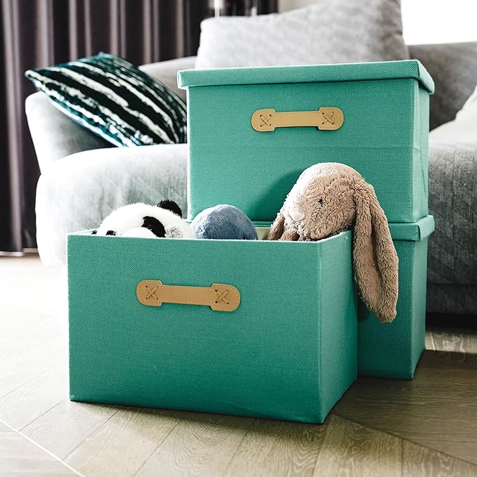 Enzk&Unity Decorative Storage Bins with Lids, Fabric Linen Foldable Storage Box with Handle Home Organizer for Shelf, Closet, Bedroom, Living Room, Office, 3 Packs, Teal-NeatNest