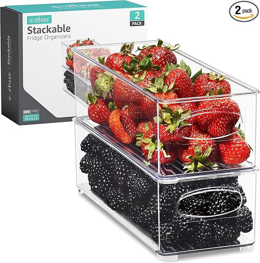 Sorbus Stackable Refrigerator Organizer Bins - Clear Storage Bins for Kitchen Pantry, Freezer & Fridge Organization - Food Organizing Plastic Containers with Handles for Countertops & Drawers (2 Pack)-NeatNest