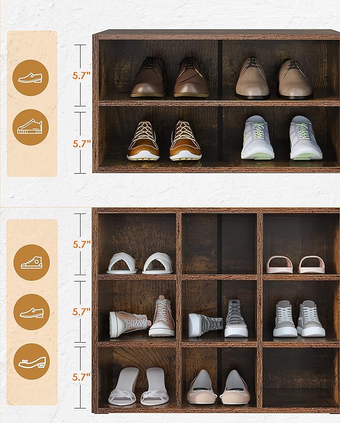 HAIOOU Shoe Cubby, 9-Cube Stackable Wood Shoe Rack Organizer 5-Tier Freestanding Wooden Shoe Stand with 2 Storage Shelf for 10-15 Pairs, Ideal for Apartment Entryway Closet Organization - Rustic-NeatNest
