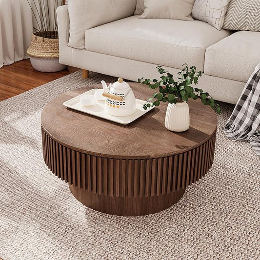 kevinplus 31.5'' Round Coffee Table with Storage Space, Modern Wood Circle Fluted Drum Pedestal Coffee Table for Living Room, Easy Assembly, Walnut (ø31.49'' x 14'')