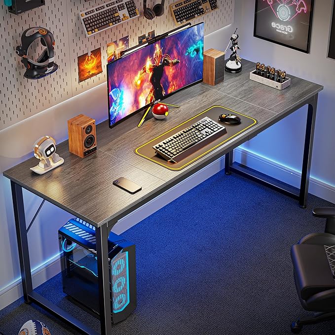 Huuger Computer Gaming Desk, 63 Inch Office Desk With Storage, Writing Work Surface for Home Office, Study, Modern Simple Style, Large Legroom, Metal Frame, Grey-NeatNest