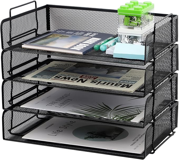 EASEPRES 4 Pack Stackable Desk Paper Tray, Metal Mesh Desktop Document Letter File Organizer for Office Home School, 13.5'' L x 9.75'' W x 11'' H, Black