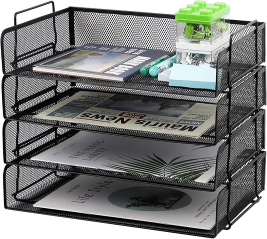 EASEPRES 4 Pack Stackable Desk Paper Tray, Metal Mesh Desktop Document Letter File Organizer for Office Home School, 13.5'' L x 9.75'' W x 11'' H, Black