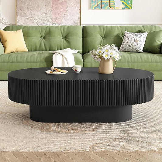 KEVINSPACE Oval Coffee Table for Living Room Modern Wood Center Tables Cocktail Fluted 43.3" W Reception Room Easy Assemble, Black