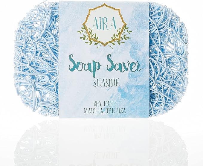 Aira Soap Saver - Soap Dish & Soap Holder Accessory - BPA Free Shower & Bath Cleanser Holder - USA Made - Drains Water, Circulates Air, Extends Life - Easy to Clean, Fits All Dish Sets - Seaside-NeatNest