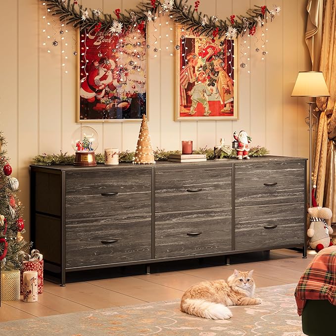 Huuger 63 Inch Long Dresser for Bedroom, TV Stand for 55, 65, 70 Inch TV, 6 Drawer Dresser for Closet with Fabric Drawers, Storage Organizer for Bedroom, Entryway, Charcoal Black Wood Grain Print-NeatNest