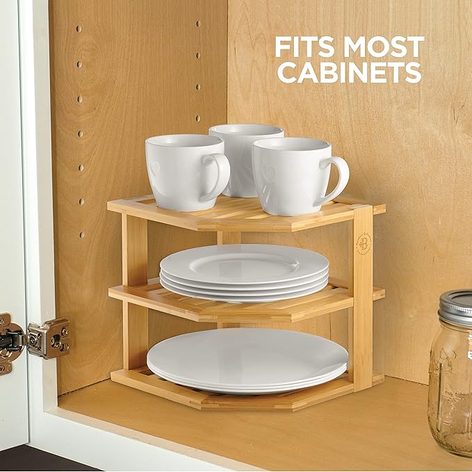 Cabinet Organizer Shelf - Bamboo Corner Rack for Kitchen Counter, Cabinet Space Saver for Plates, Dishes, Bowls, Bread - Pantry and Bathroom Storage or Countertop - Useful Home & Housewarming Gift-NeatNest