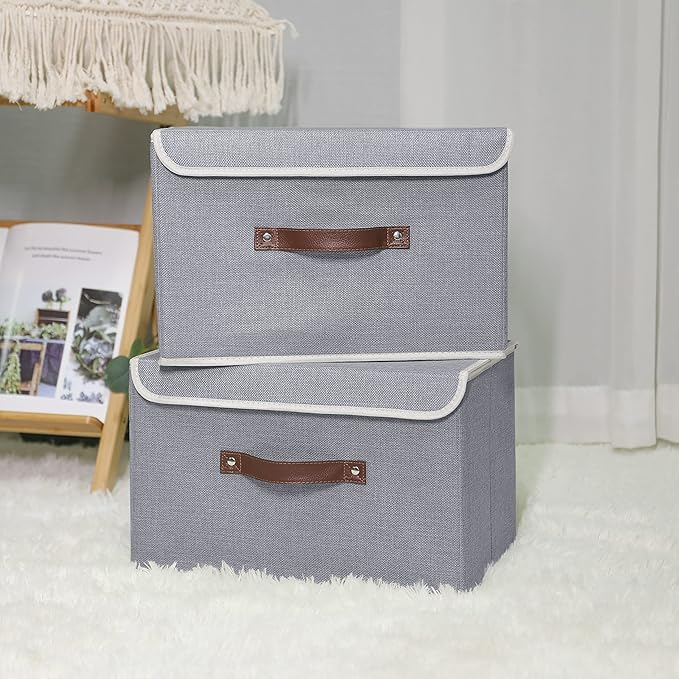ANMINY 2PCS Storage Bins with Lid PU Leather Handles Storage Boxes PP Plastic Board Decorative Foldable Lidded Cotton Linen Fabric Home Cubes Baskets Closet Organizer Containers - Gray, Large Size-NeatNest