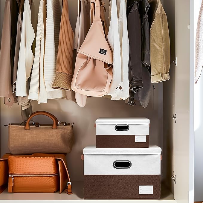 Foldable Fabric Storage Boxes with Lids, Collapsible Versatile Bins Baskets Cubes with Handles for Easy Organization in Closet, Living Room, and Bedroom (Brown & White, 3PCS/17*11.8*11.8in)-NeatNest