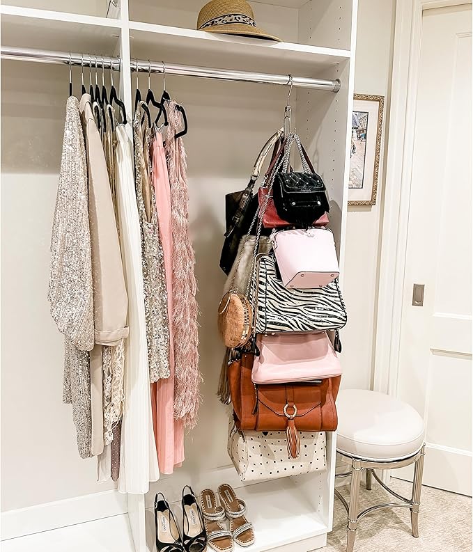 Boottique 2-Pk Over Door Hanging Purse Storage - Durable, Holds 50 POUNDS, ROTATES 360 for Easy Access; Purses, Handbags, Satchels, Crossovers, Backpacks,12 Hooks, Chrome (Set of 2)…-NeatNest