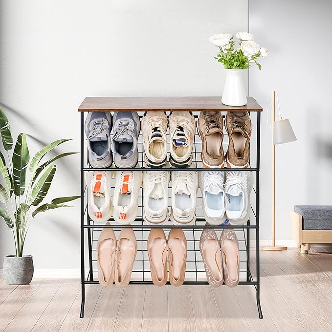 Narrow Shoe Rack for Front Door Entrance,4-Tier Shoes Rack Storage Organizer with 3 Slanted Shelves and Top Shelf for Entryway,Skinny Space Saving Shoe Rack, Black-NeatNest