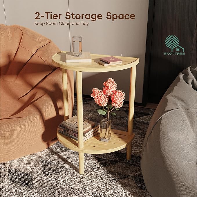End Table, Half Moon Side Tables, Living Room Half Round 2 Tier Table for Small Space, Living Room Bedroom Couch Tables with Storage Shelf (Natural)