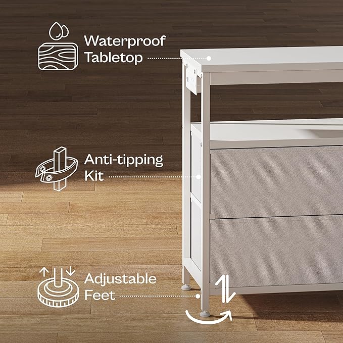 Huuger LED TV Stand for Bedroom, 47 Inch Dresser TV Stand for 43, 50, 55 Inch TV, White TV Stand with Storage, Entertainment Center with Power Outlets, 6 Drawer Fabric Dresser for Living Room-NeatNest