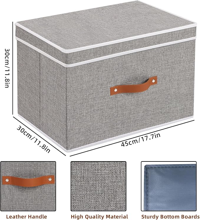 Collapsible Storage Bins with Lids, Linen Foldable Cloth Baskets, 17.7 x 11.8 x 11.8 Inch Closet Organizer Containers with Double Handles, Sweater Boxes for Bedroom, Grey, 5 Pack-NeatNest