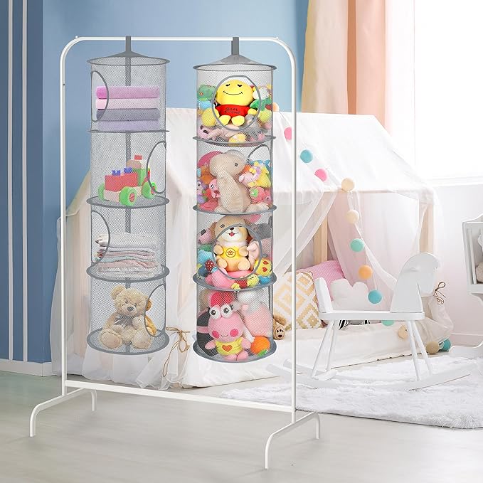 2Pcs Stuffed Animal Storage Foldable Stuffed Animal Net or Hammock Organizer, 4 Compartments Hanging Mesh Toy Storage Hammock for Kid Room Toys, Gloves, Hats, Socks（Grey）-NeatNest