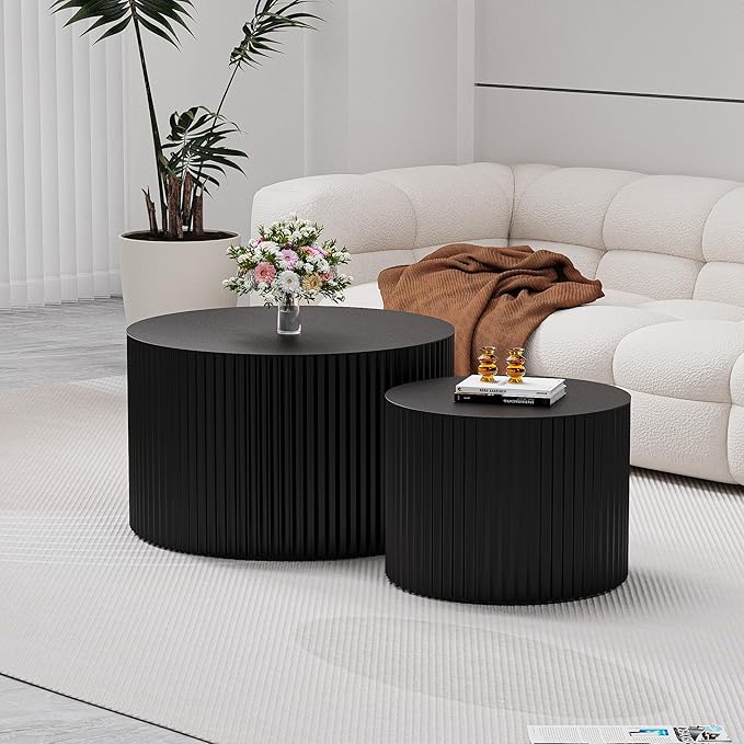 Round Coffee Table Set of 2, Nesting Coffee Table and End Table Set Small Circle Drum Side Table for Living Room Office, No Assembly (A Black Large)