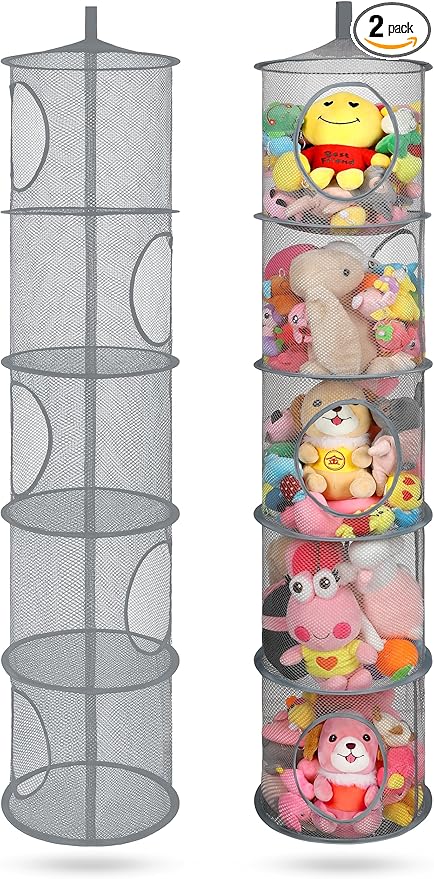 2Pcs Hanging Mesh Space Saver Bags Organizer, Foldable Storage Organizer 5 Compartments Toy Storage Organizer for Kid Room Toys, Gloves,Hats,Socks Storage #Grey-NeatNest