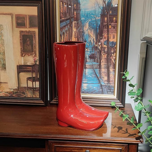 Ceramic Boot Umbrella Stand Boots Vase Freestanding Umbrella Bucket Ceramic Umbrella Rack Home Decor Piece for Home Decor, Office, Apartment, Hotel, Bars, Red-NeatNest