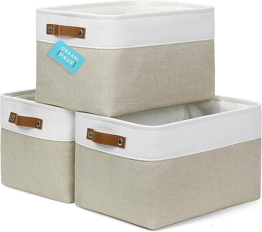 OrganiHaus Large Fabric Storage Baskets for Shelves 3 Pack, 15x11in Closet Storage Bins for Shelves, Cloth Baskets for Organizing, Linen Closet Organizers, Fabric Basket, Beige/White-NeatNest