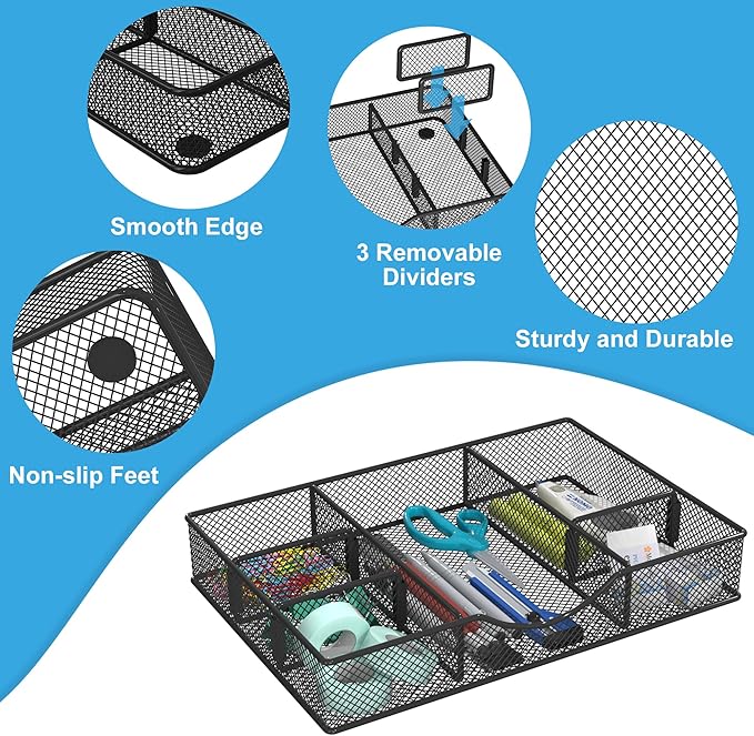 Desk Drawer Organizer Tray, Metal Mesh Drawer Organizers Office, 6 Adjustable Compartment, Desk Organizer Tray for Home Office 12 x 8.26 x 1.96 inch, Black, 1 Pack-NeatNest