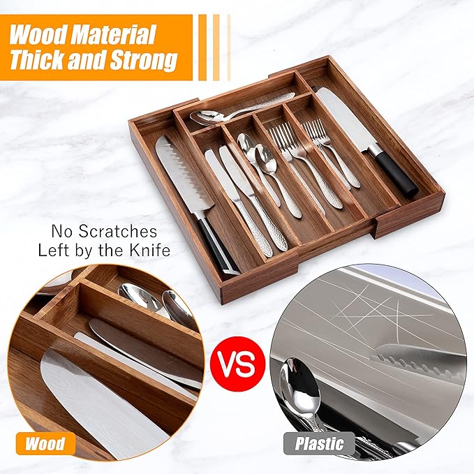Bellsal Acacia Silverware Organizer Kitchen Drawer Organizer Expandable Bamboo Utensil Holder Cutlery Tray for Kitchen Utensil and Flatware Bedroom Office-NeatNest