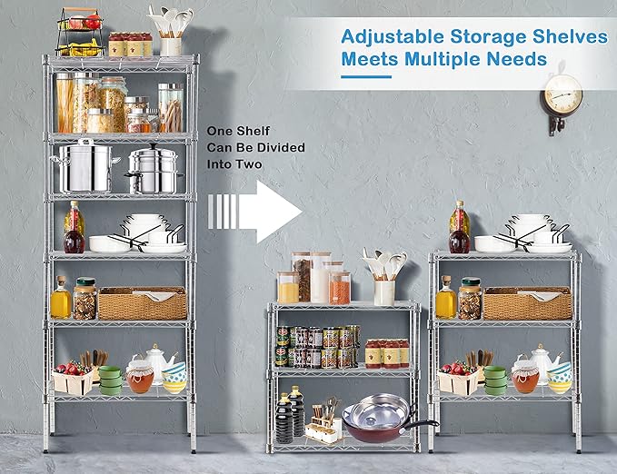 6-Tier Metal Wire Shelving Unit Snack Shelf Height Adjustable Storage Rack NSF Certified Storage Shelves 900 Lbs Capacity Standing Utility Shelf for Laundry Kitchen Pantry Garage Organization
