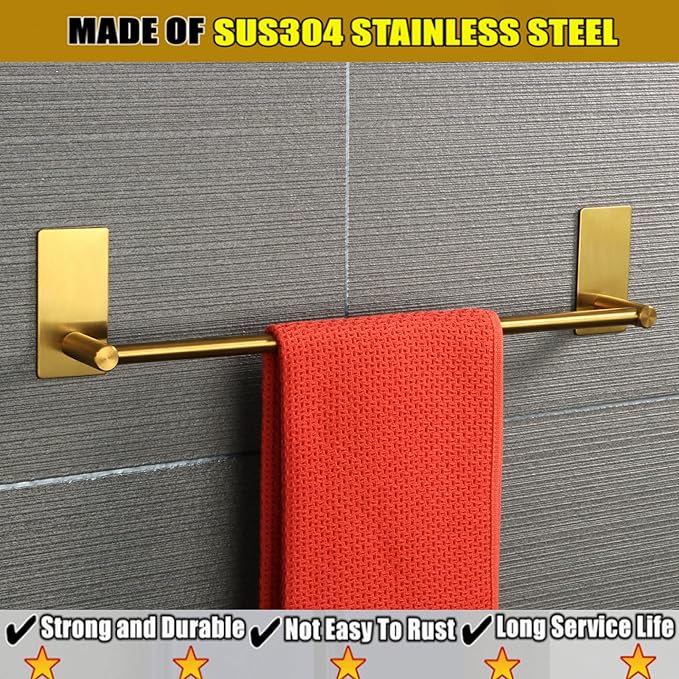 Alise Towel Racks for Bathroom, 16 Inch SUS 304 Stainless Steel Adhesive Gold Towel Bar No Drill, Towel Rack Wall Mounted，Rustproof Bath Towel Holder