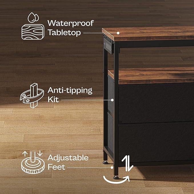 Huuger LED TV Stand for Bedroom, 55 Inch Fabric Dresser with Power Outlets, Entertainment Center for 60, 55 Inch TV, 6 Drawer Dresser for Bedroom, Chest of Drawers with Shlef, PU Leather, Rustic Brown-NeatNest