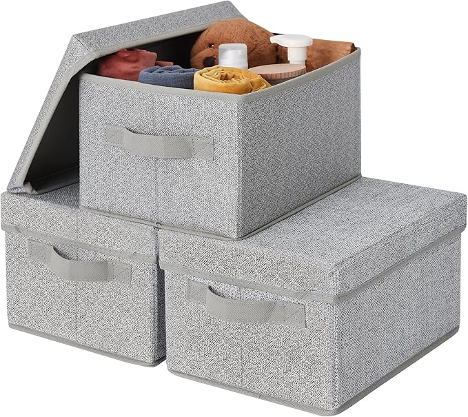 GRANNY SAYS Closet Storage Bins, Fabric Boxes with Lids, Shelf Baskets for Closet Organization, Stackable Storage Containers, Gray, Medium, 3-Pack-NeatNest