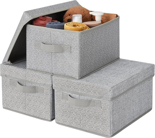 GRANNY SAYS Closet Storage Bins, Fabric Boxes with Lids, Shelf Baskets for Closet Organization, Stackable Storage Containers, Gray, Medium, 3-Pack-NeatNest