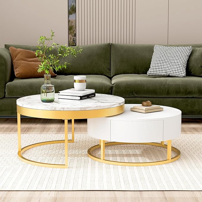 Modern Round Nesting Coffee Table with Drawers in White, Circle Coffee Tables for Living Room