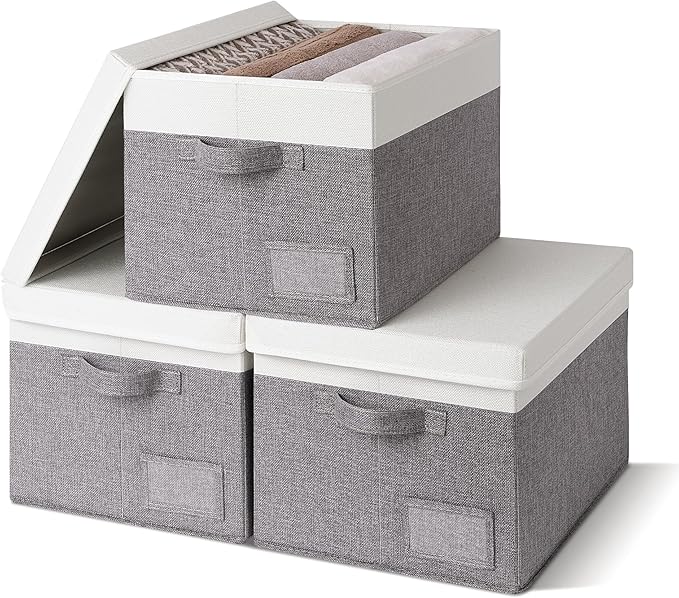 GRANNY SAYS Linen Storage Box, Collapsible Storage Bin with Lids and Label Holder, Clothes Organizer - 3-Pack, Gray & Ivory-NeatNest