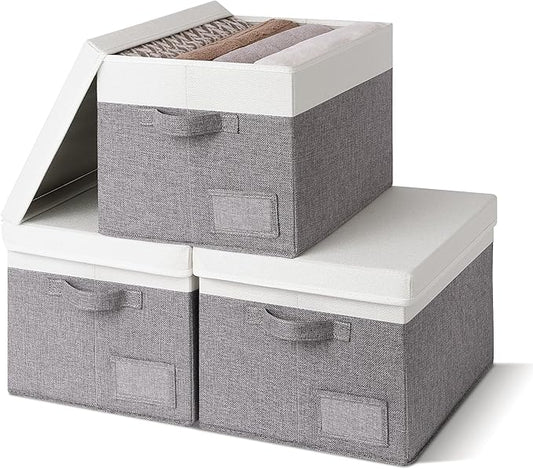 GRANNY SAYS Linen Storage Box, Collapsible Storage Bin with Lids and Label Holder, Clothes Organizer - 3-Pack, Gray & Ivory-NeatNest