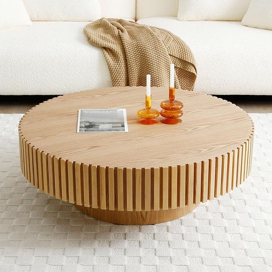 kevinplus 39.37'' Oak Round Coffee Table for Living Room, Modern Wood Contemporary Circle Fluted Drum Style, Easy Assembly, Oak(ø39.37'' x 13.42'')