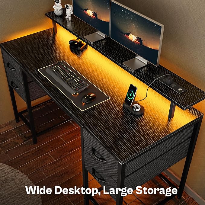 Huuger 55 inch Computer Desk with 4 Drawers, Gaming Desk with LED Lights & Power Outlets, Home Office Desk with Large Storage Space for Bedroom, Work from Home, Black-NeatNest