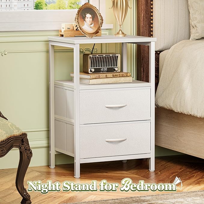 Huuger Night Stand Set of 2, Nightstand with 2 Drawers, Bed Side Table with Open Shelf, Wooden Top, End Table, PU Leather Fabric Drawer Surface, for Bedroom, White