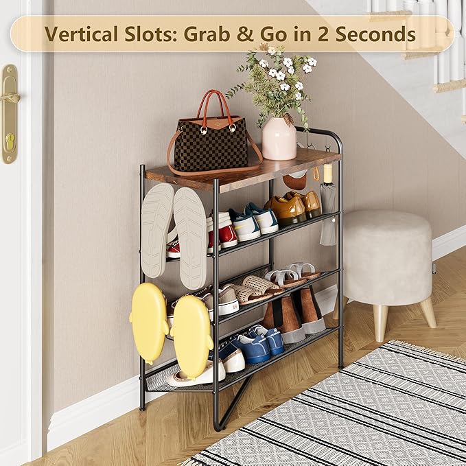 4 Tier Shoe Rack for Entryway, Metal Shoe Rack Organizer Holds 15 Pairs Shoes, Front Door Shoe Storage with Rustic Brown Wooden Top, Vertical shoe rack for Space Saving Shoe Organizer (4-Tiers)-NeatNest